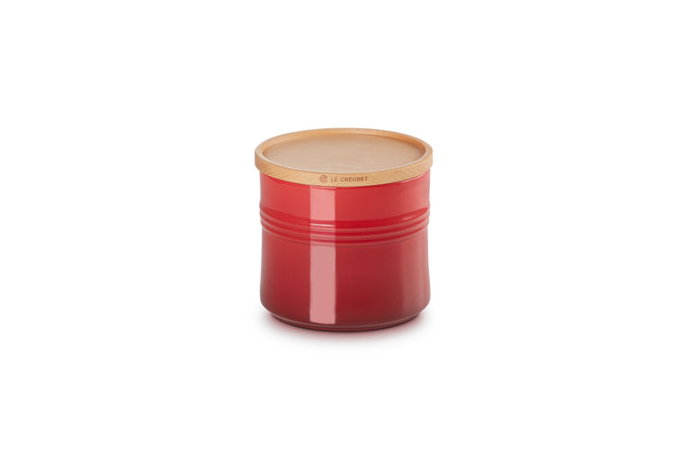 Le Creuset set van 2 Aardewerken Voorraadpotten met houten deksel Oranjerood 14CM 1,1L