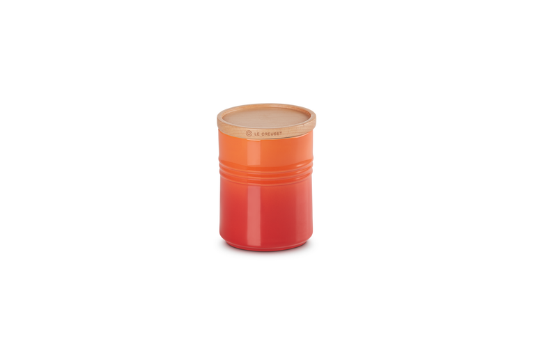 Le Creuset set van 2 Aardewerken Voorraadpotten met houten deksel Oranjerood 10CM 0,45L