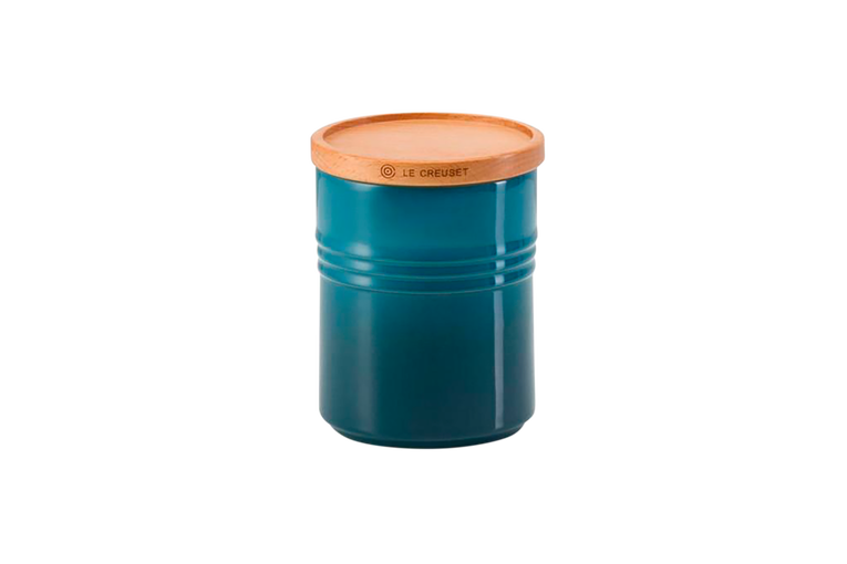 Le Creuset set van 2 Aardewerken Voorraadpotten met houten deksel Deep Teal 10CM 0,45L