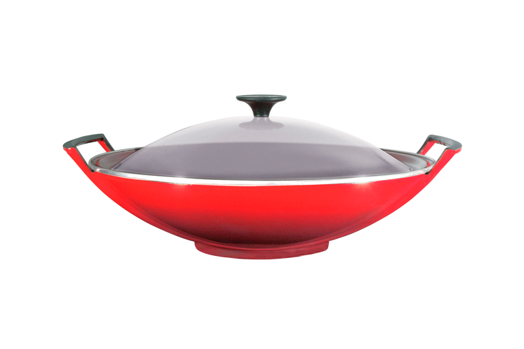 Le Creuset Gietijzer Wok met glazen deksel Kersenrood 36CM 4,5L Le Creuset Gietijzer Wok met glazen deksel Kersenrood 36CM 4,5L