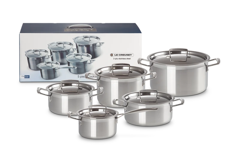 Le Creuset RVS 5-delig Pannenset: Kookpan 18, 10, 24CM / Lage Kookpan 20CM / Steelpan 16CM