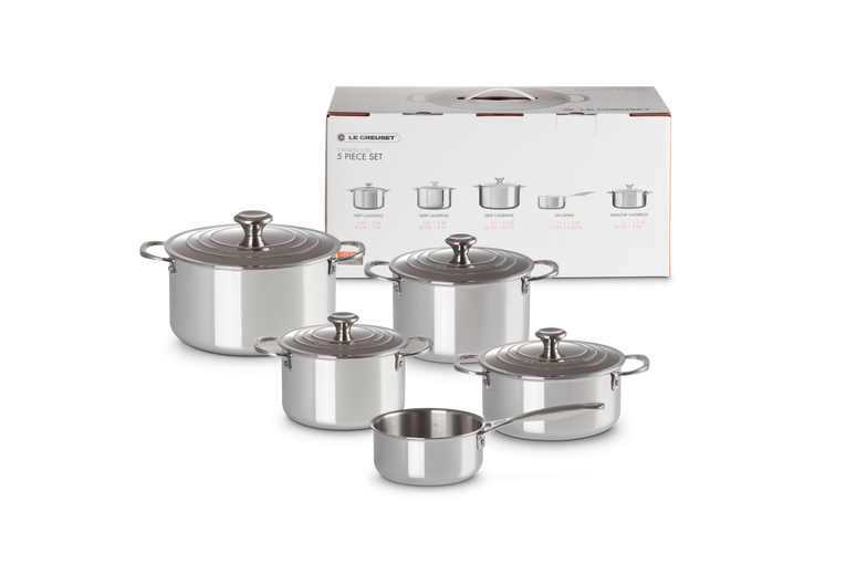 Le Creuset RVS  5-delig Pannenset Kookpan 18, 20, 24CM / Lage Kookpan 20CM / Steelpan 16CM