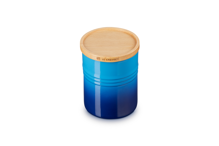 Le Creuset set van 2 Aardewerken Voorraadpotten met houten deksel Azure 10CM 0,45L