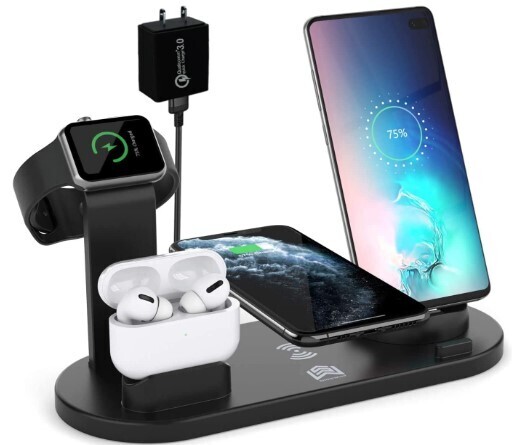 Cargador Inalámbrico 6 en 1,Soporte de Carga Inalámbrico con Cabezal de Carga QC3,para iPhone,Apple Watch y Airpods,