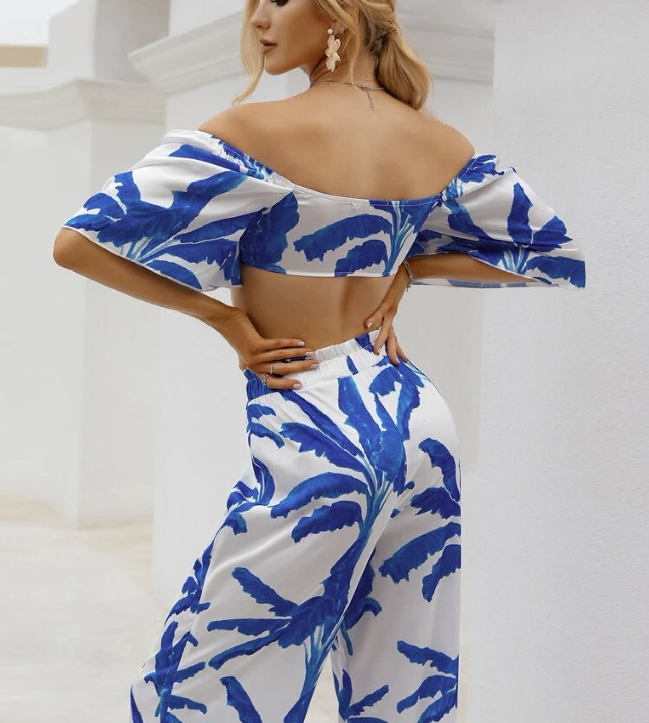 Blue And White Silky Crop Top