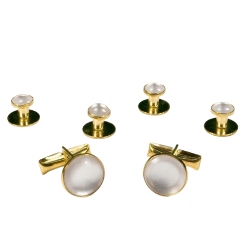 Basic White with Gold Trim Studs and Cufflinks Set - Cardi