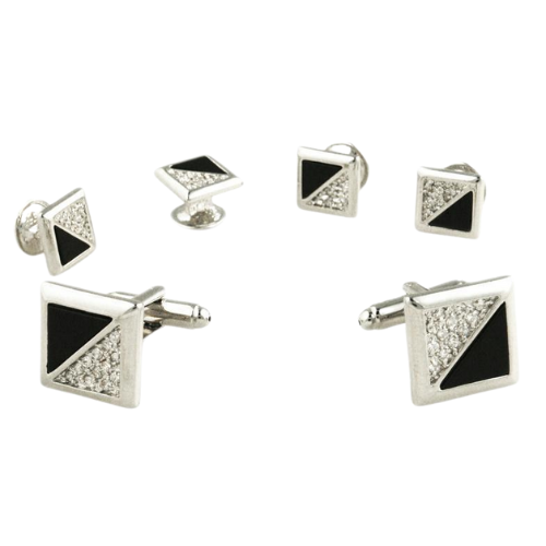 Black Onyx & Cubic Zirconia Triangles with Silver Edge Studs and Cufflinks Set - Cardi
