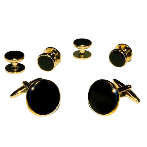 Black Circular Onyx with Gold Trim Studs and Cufflinks Set Black Circular Onyx with Gold Trim Studs and Cufflinks Set