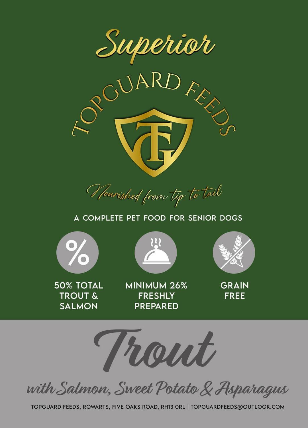 Trout with Salmon with Sweet Potato & Asparagus complete dog food for Senior Dogs