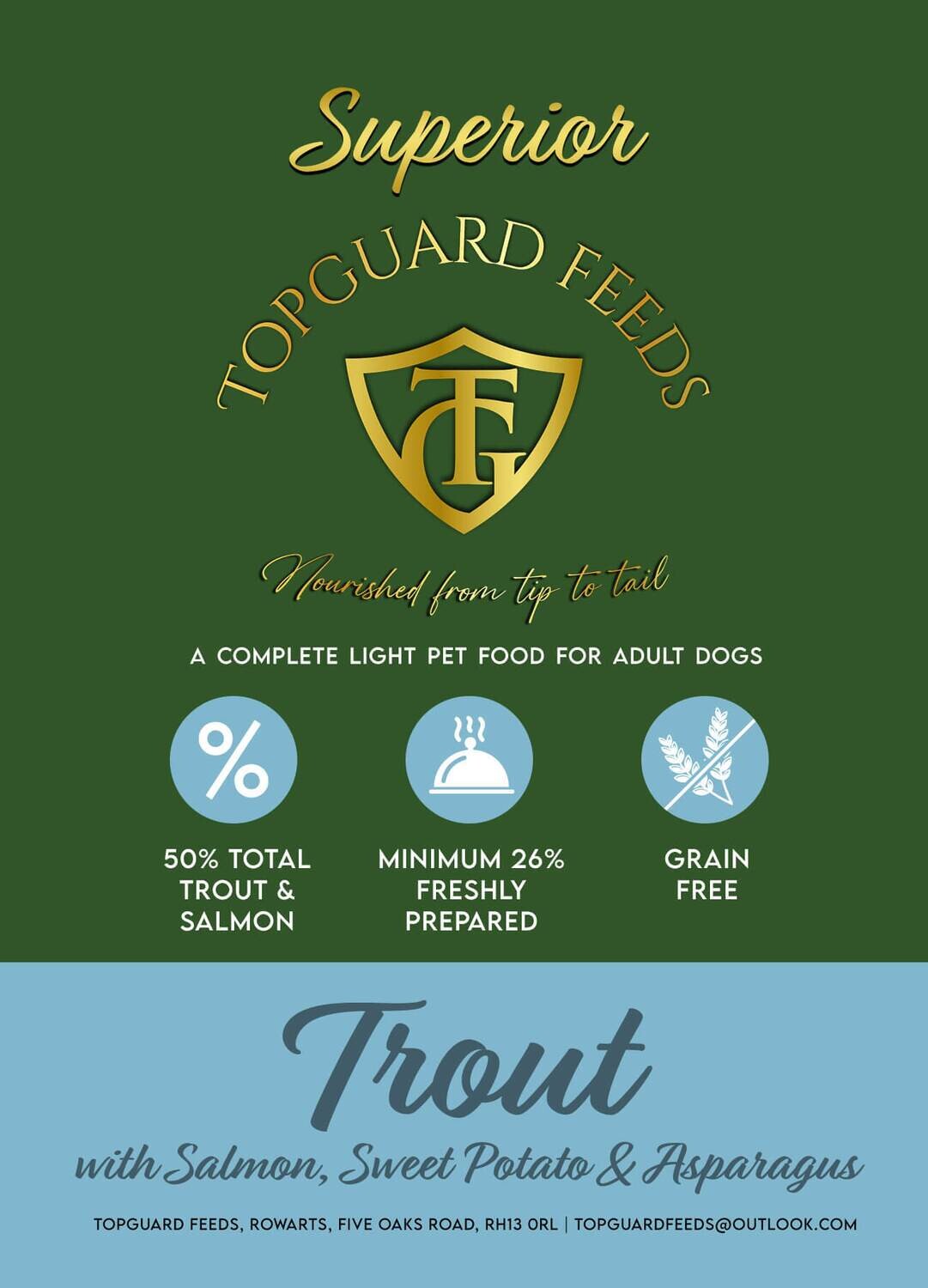 Trout with Salmon, Sweet Potato and Asparagus complete for dog food for Adults Dogs – Light recipe