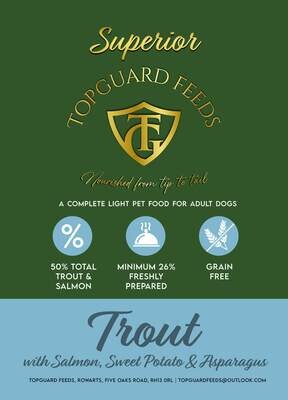 Trout with Salmon, Sweet Potato and Asparagus complete for dog food for Adults Dogs – Light recipe