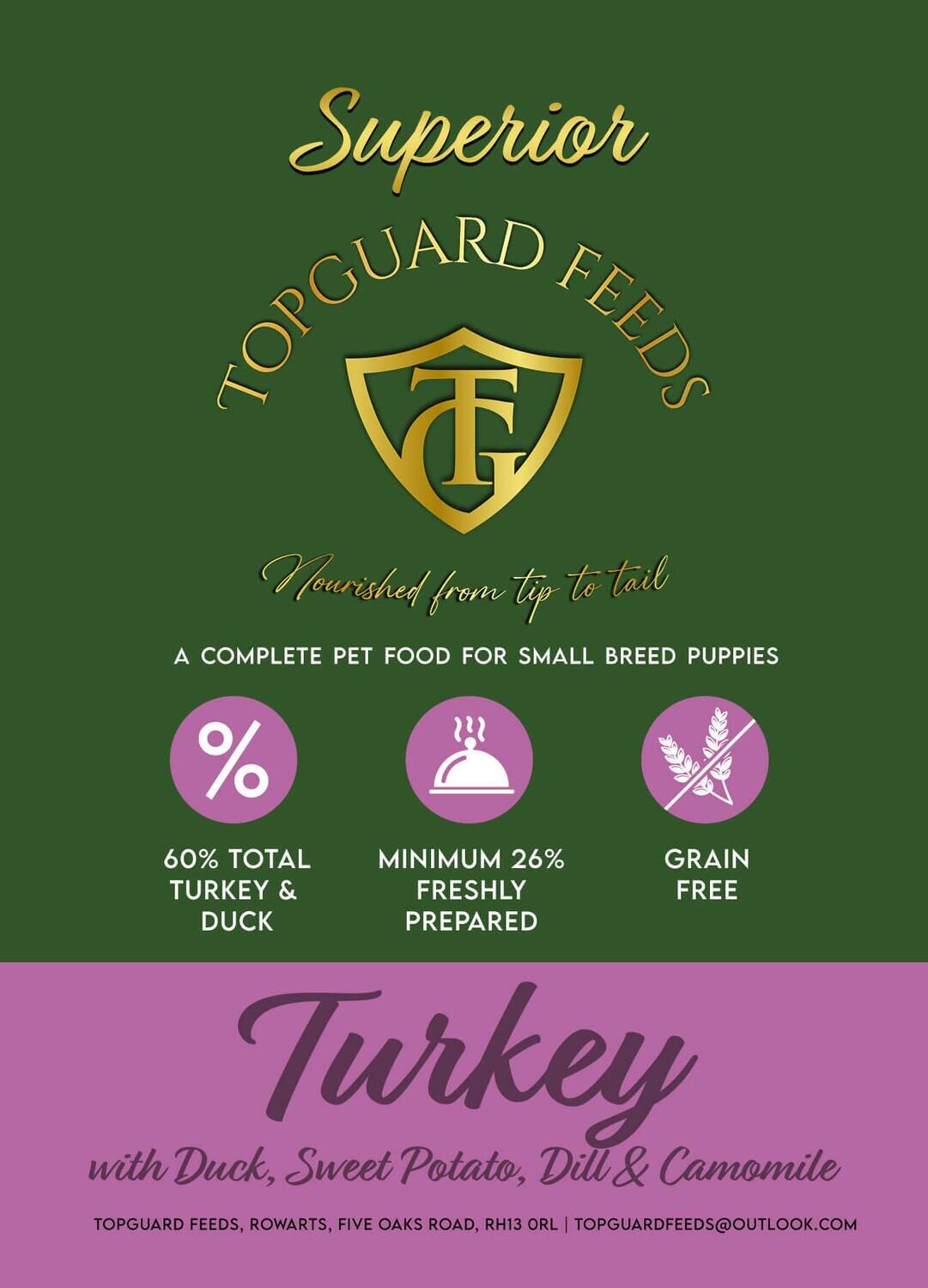 Turkey with Duck, Sweet Potato, Dill and Chamomile complete Puppy food for Small Breeds