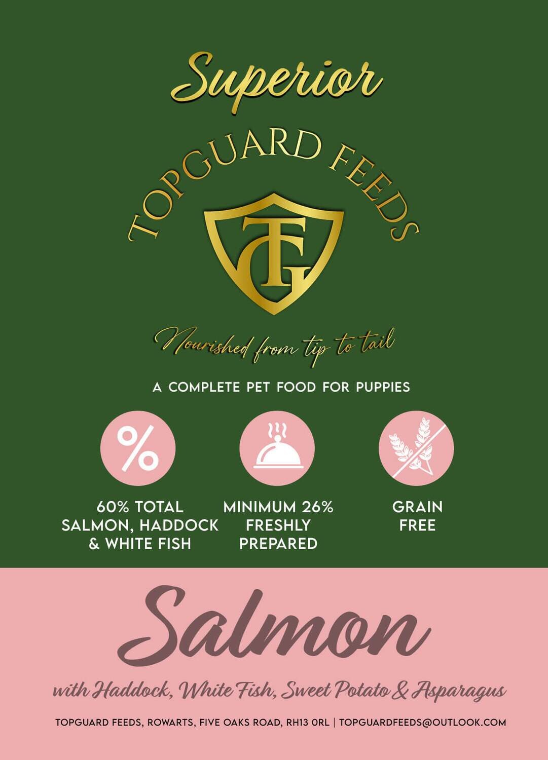 Salmon with Haddock, White Fish, Sweet Potato & Asparagus complete Puppy food.