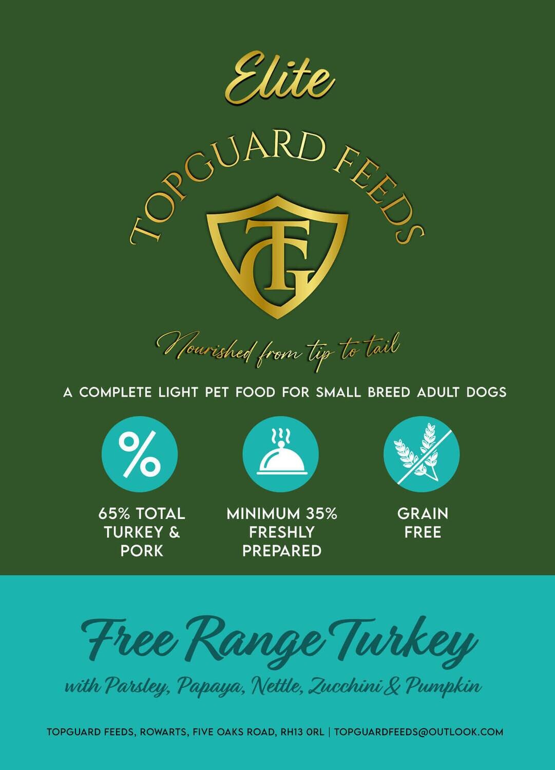 Free-Range Light Turkey Dog Food with parsley, papaya, nettle, courgette and pumpkin for Small Adults Dogs