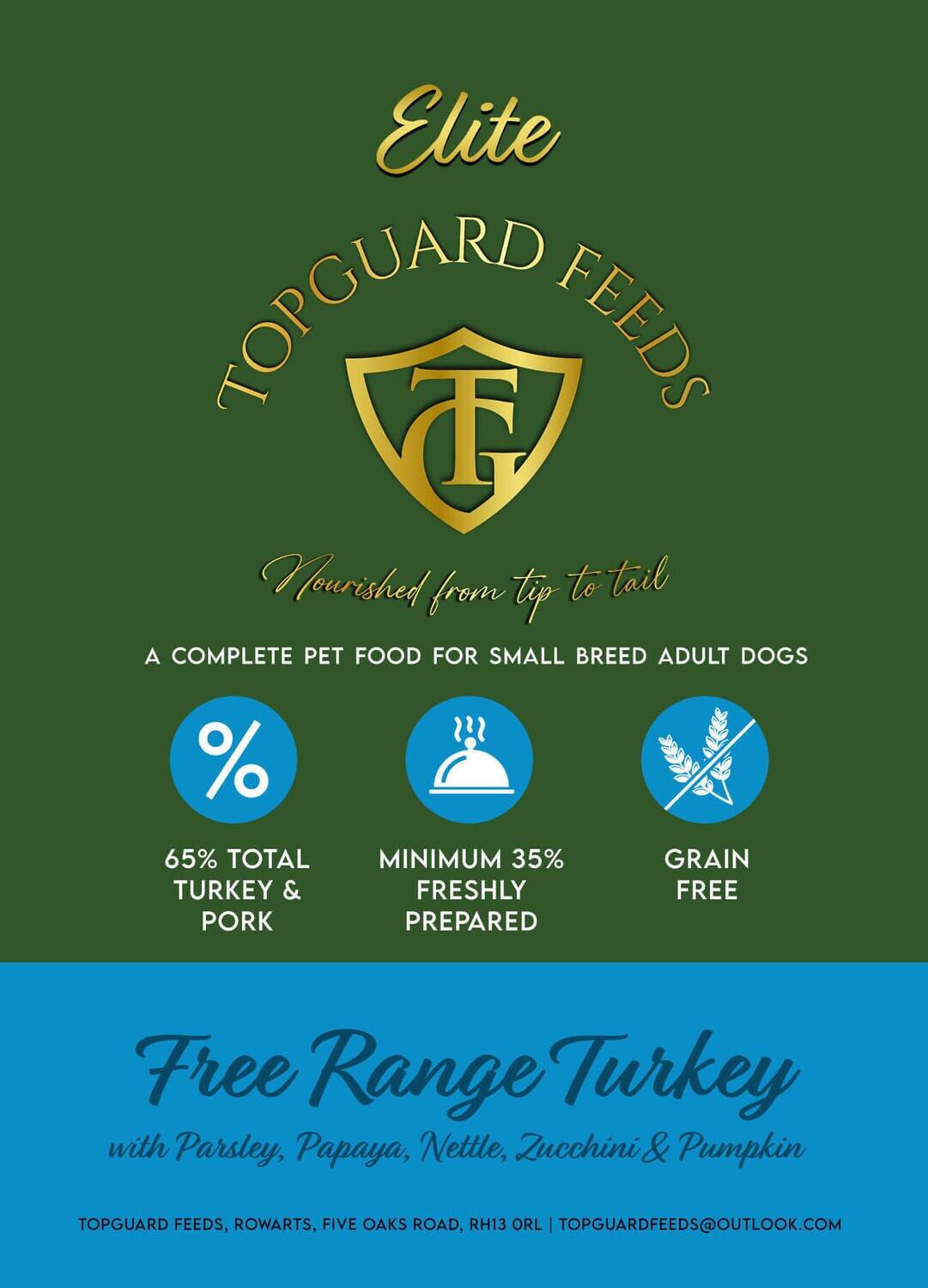 Free-Range Turkey Dog Food with parsley, papaya, nettle, courgette, and pumpkin for Small Adults Dogs