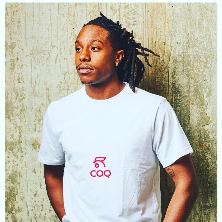 white T-shirt with red logo COQ