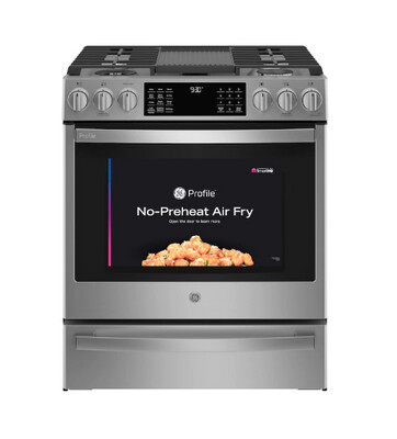 GE Profile 30-Inch 5 Burner 5.6 Cu Ft Self-Cleaning Air Fryer Convection Oven Slide-In Gas Range PGS930YPFS