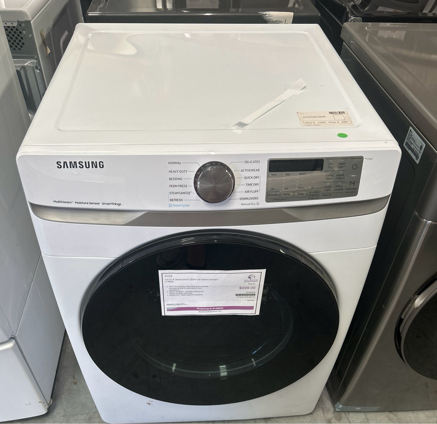 Samsung 7.5 cuft Smart Electric Dryer w/Steam Sanitize White DVE45B6300WOB