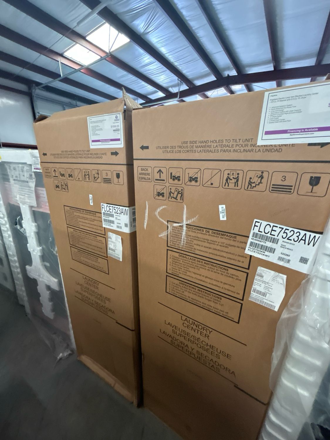 Frigidaire FLCE7523AW Electric Long Vent Stacked Laundry Center - 3.9 Cu. Ft Washer and 5.5 Cu. Ft. Dryer FLCE7523AW NIB
