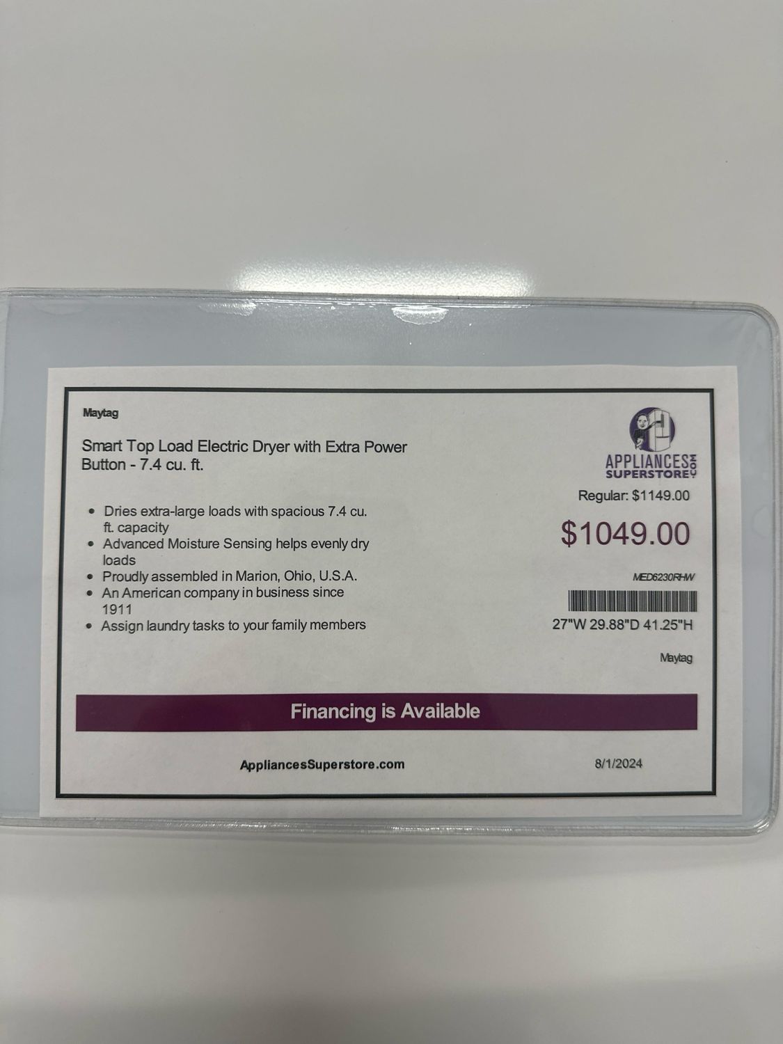 Maytag Smart Top Load Electric Dryer with Extra Power Button - 7.4 cu. ft. MED6230RHW