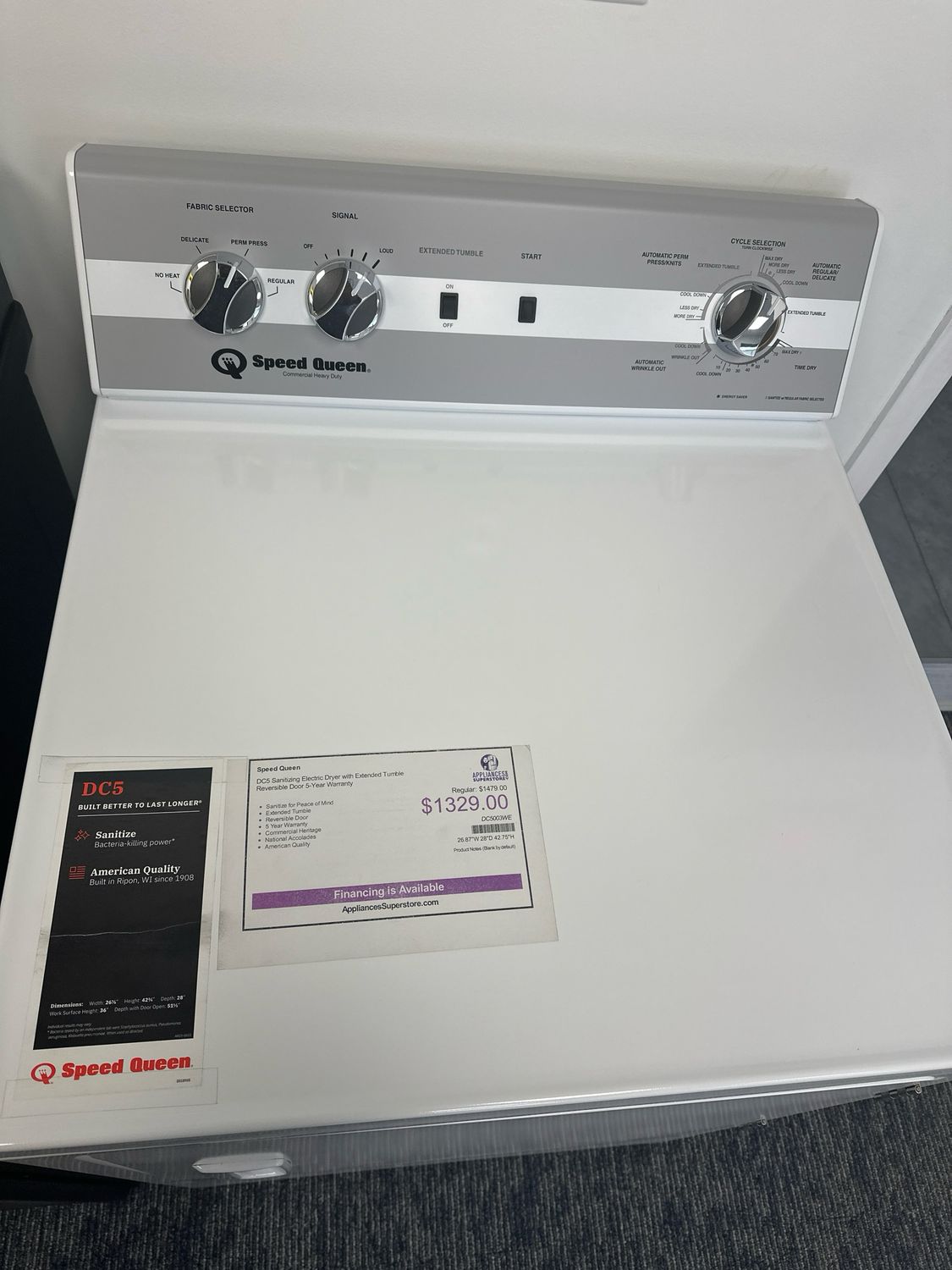 Speed Queen DC5003WE DC5 Sanitizing Electric Dryer with Extended Tumble | Reversible