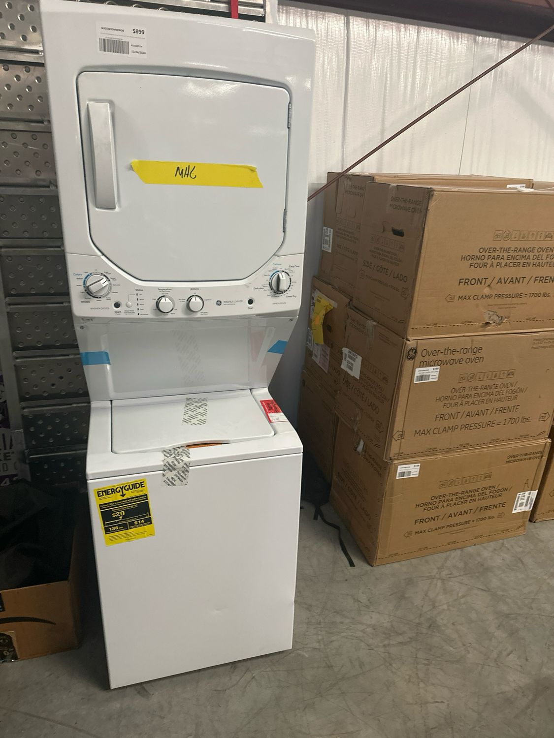 GE GUD24ESSMWW Stacked Laundry Unit 2.3CF Washer, 4.4CF Electric Dryer