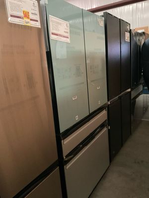 Samsung Bespoke 4 Door French Door Refrigerator (29 cu. ft.) with Beverage Center, Top Panel Color Morning Blue Glass, Middle &amp; Bottom Panel Color White, Model # RF29BB86004MAA,
