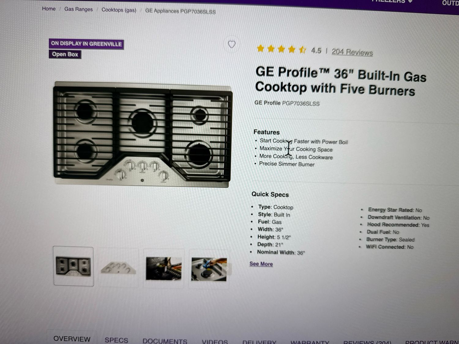 GE Profile PGP7036SLSS 36&quot; Built-in Gas Cooktop with Five Burners