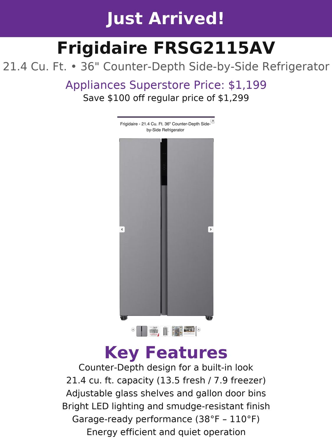 Frigidaire FRSG2115AV 21.4 Cu Ft Side By Side Refrigerator