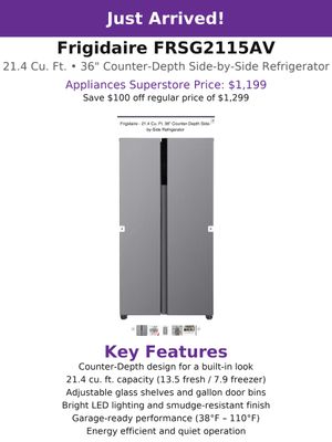 Frigidaire FRSG2115AV 21.4 Cu Ft Side By Side Refrigerator Frigidaire FRSG2115AV 21.4 Cu Ft Side By Side Refrigerator