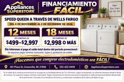FINANCIAMIENTO SPEED QUEEN A TRAVÉS DE WELLS FARGO — HASTA 18 MESES