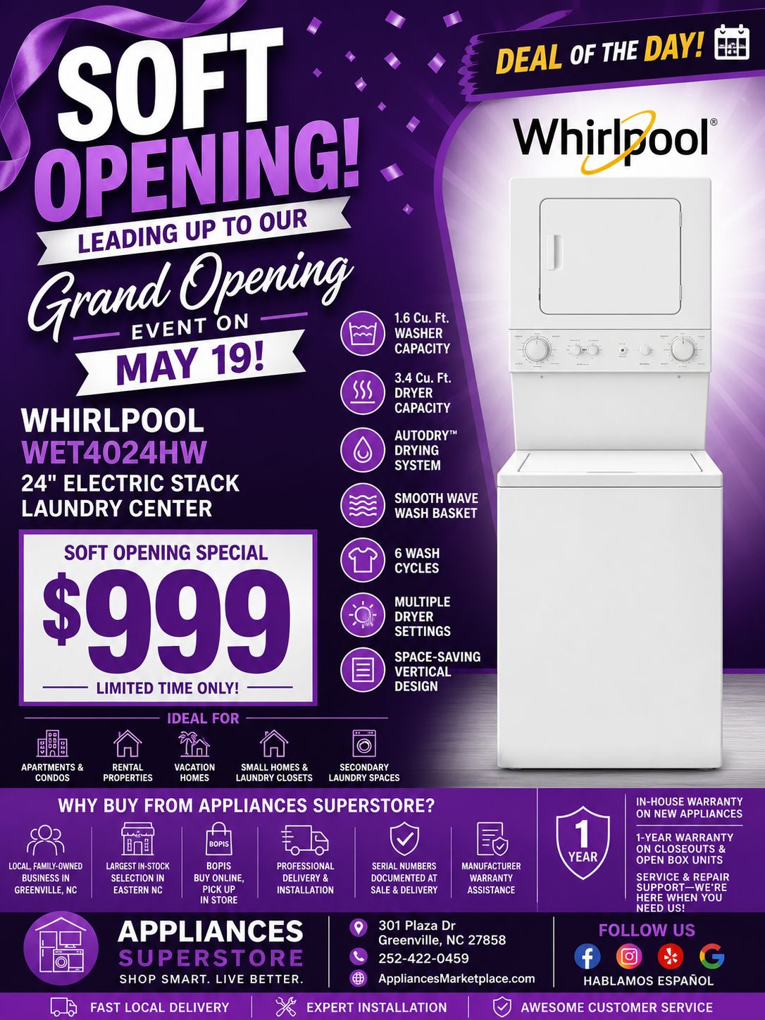 Whirlpool 1.6 cu.ft Electric Stacked Laundry Center 6 Wash cycles and AutoDry™ WET4024HW