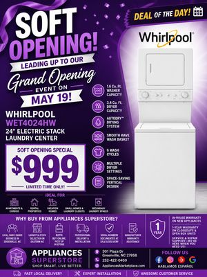 Whirlpool 1.6 cu.ft Electric Stacked Laundry Center 6 Wash cycles and AutoDry™ WET4024HW