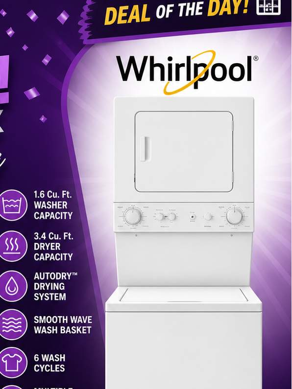 Whirlpool 1.6 cu.ft Electric Stacked Laundry Center 6 Wash cycles and AutoDry™ WET4024HW
