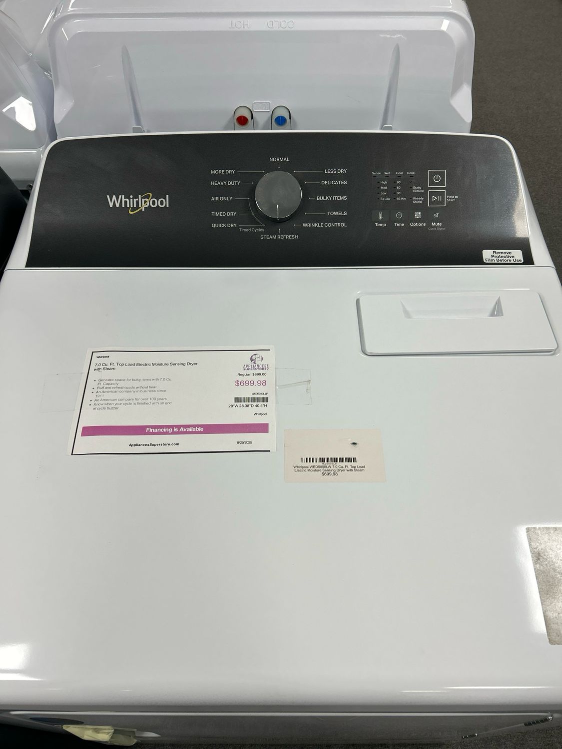 Whirlpool 7.0 Cu. Ft. Top Load Electric Moisture Sensing Dryer with Steam WED5050LW