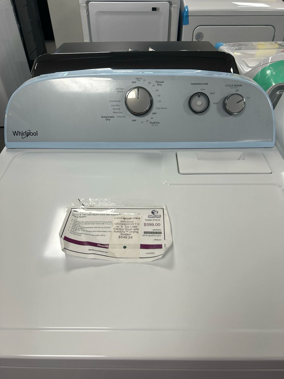 Whirlpool 7.0 cu. ft. Top Load Electric Dryer with AutoDry™ Drying System WED4950HW