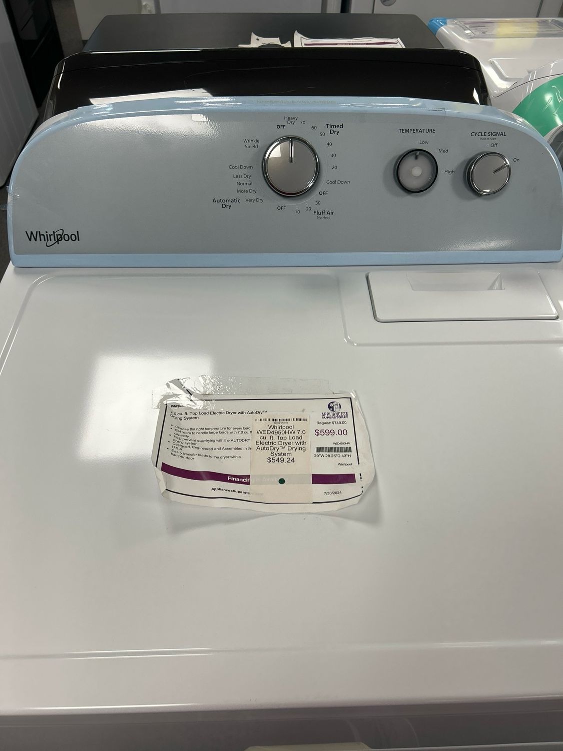 Whirlpool 7.0 cu. ft. Top Load Electric Dryer with AutoDry™ Drying System WED4950HW