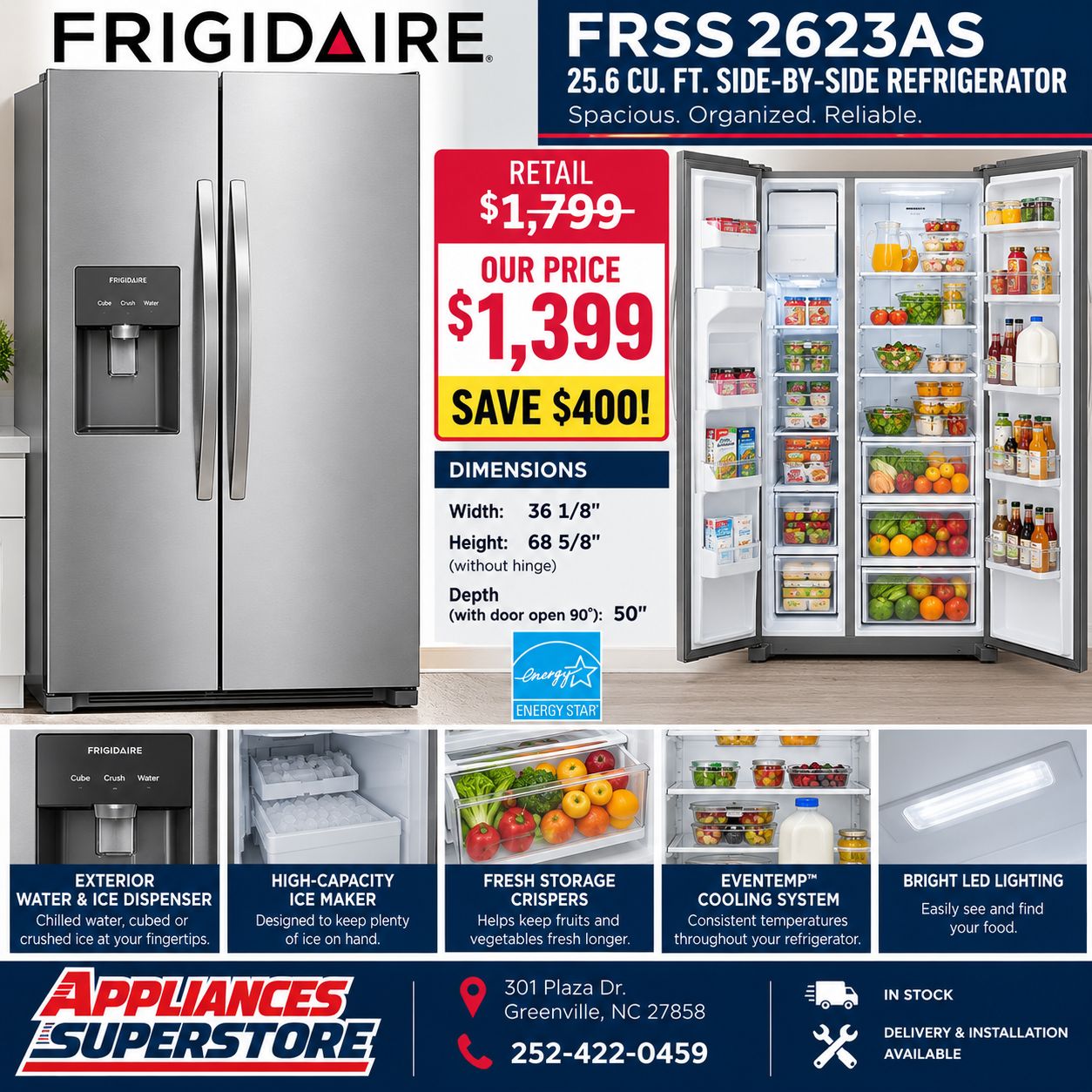 Frigidaire FRSS2623AS 25.6 cu ft 36" Side by Side Frigidaire