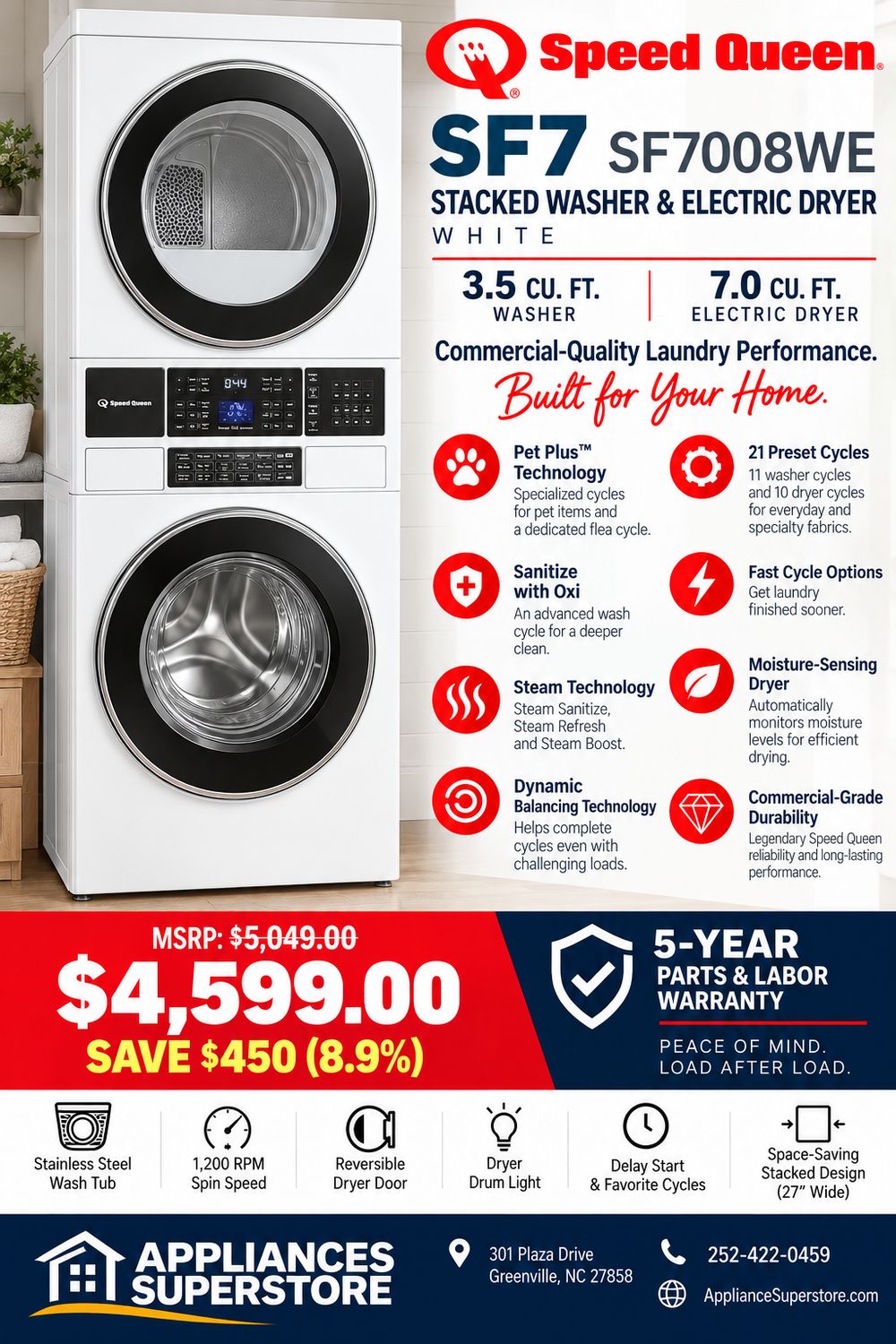 Speed Queen SF7008WE Stacked Front Load Washer Electric 3.2 cu. ft