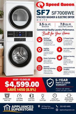 Speed Queen SF7008WE Stacked Front Load Washer Electric 3.2 cu. ft