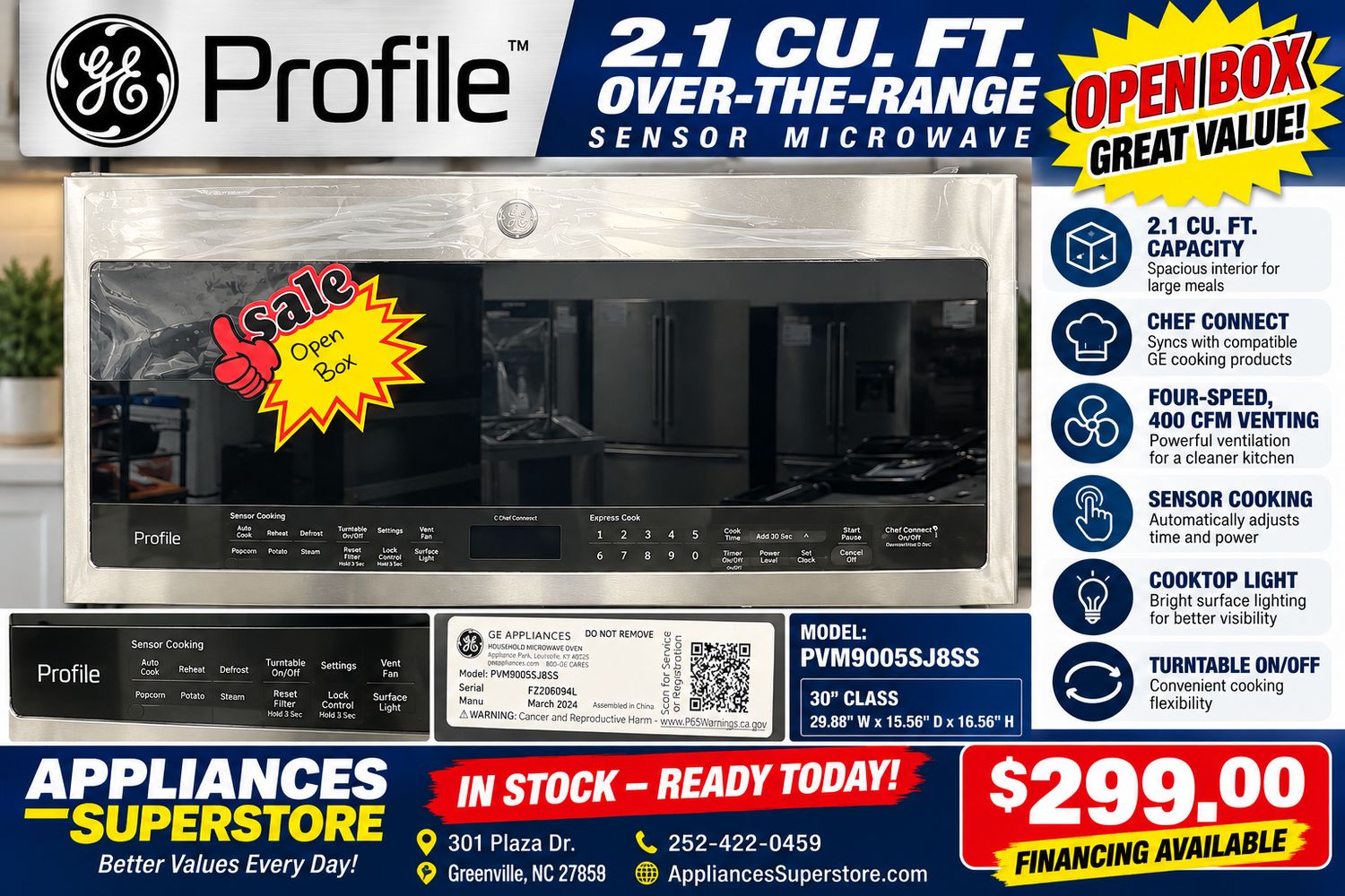 GE PVM9005SJSS 2.1 Cu. Ft. Over the Range Microwave