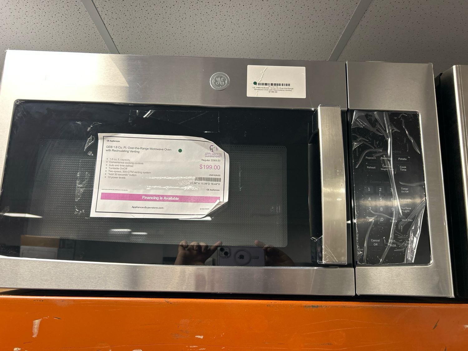 GE JNM3163RJSS 1.6 Cu. Ft. Over-the-Range Microwave Oven with Recirculating Venting