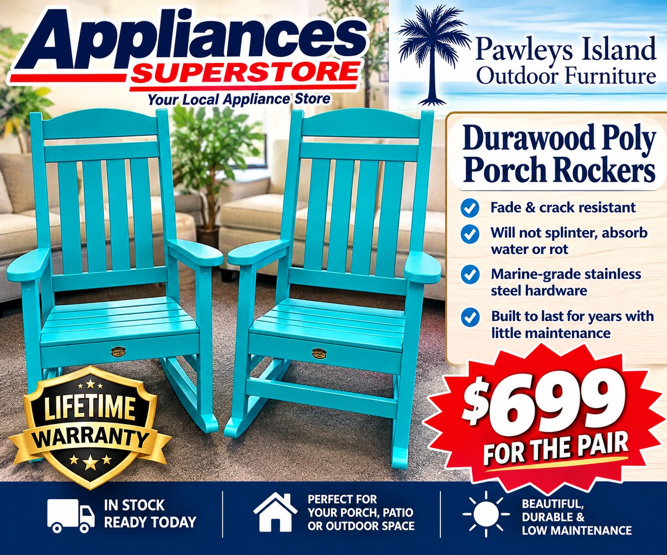 Pawleys Island SRPR1K SRPR1TQ AS Porch Rocker DW Turquoise