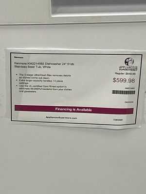 Kenmore KM2214592 Dishwasher 24" 51db Stainless Steel Tub, White