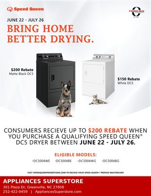 Speed Queen DC5004WE Speed Queen Classic Electric Dryer $150 Rebate June 22-July 26