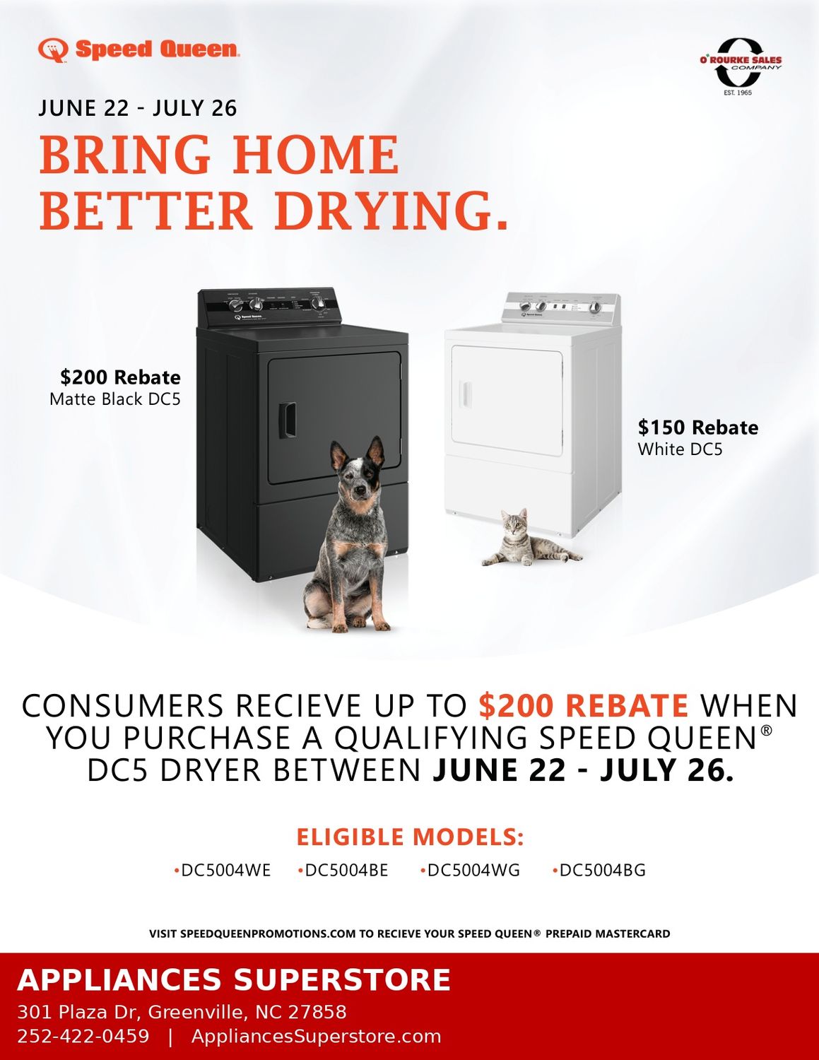 Speed Queen DC5004BE Sanitizing  Electric Dryer Matte Black with Pet Plus Extended Tumble Steam 5yr Warranty $200 Rebate June 22-July 26