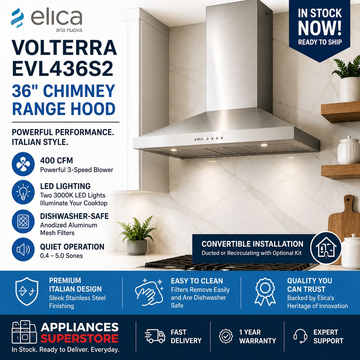 Elica EVL436S2 36" Chimney Hood