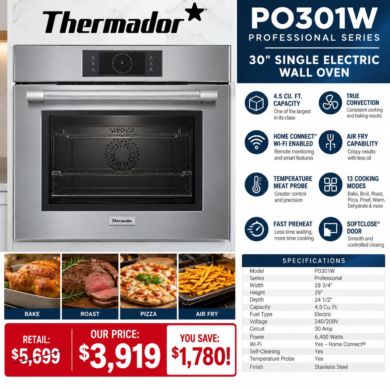 THERMADOR PO301W 30" SINGLE WALL OVEN SS THERMADOR PO301W 30" SINGLE WALL OVEN SS