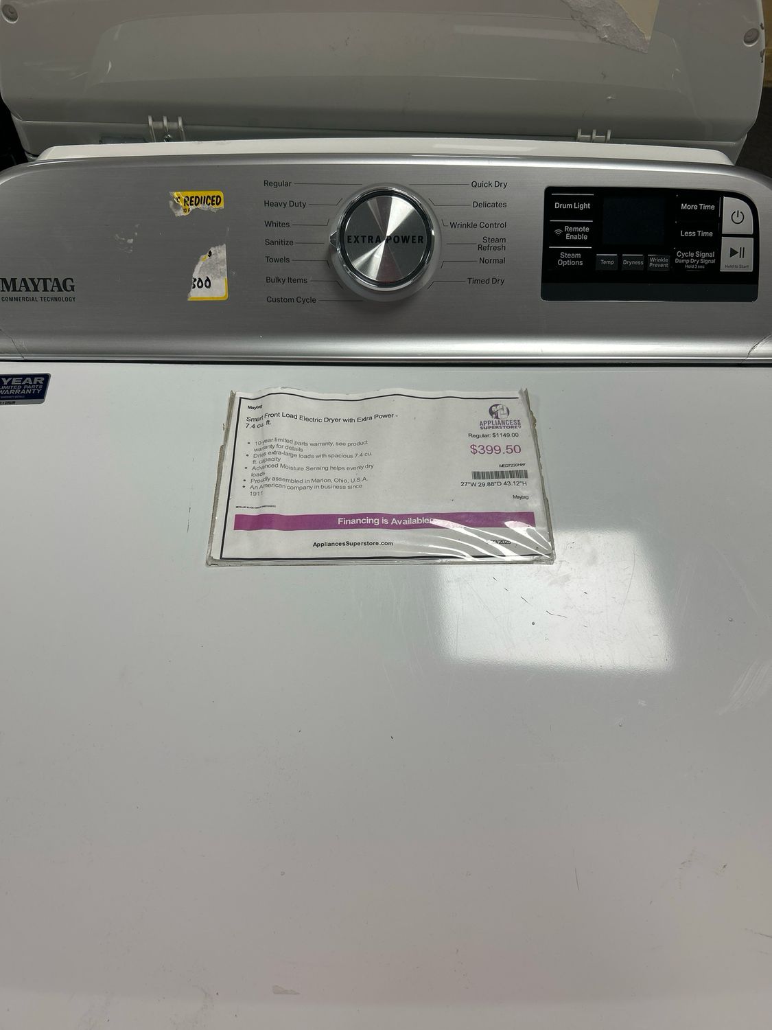 Maytag MED7230HW Smart Top Load Electric Dryer with Extra Power - 7.4 cu. ft.