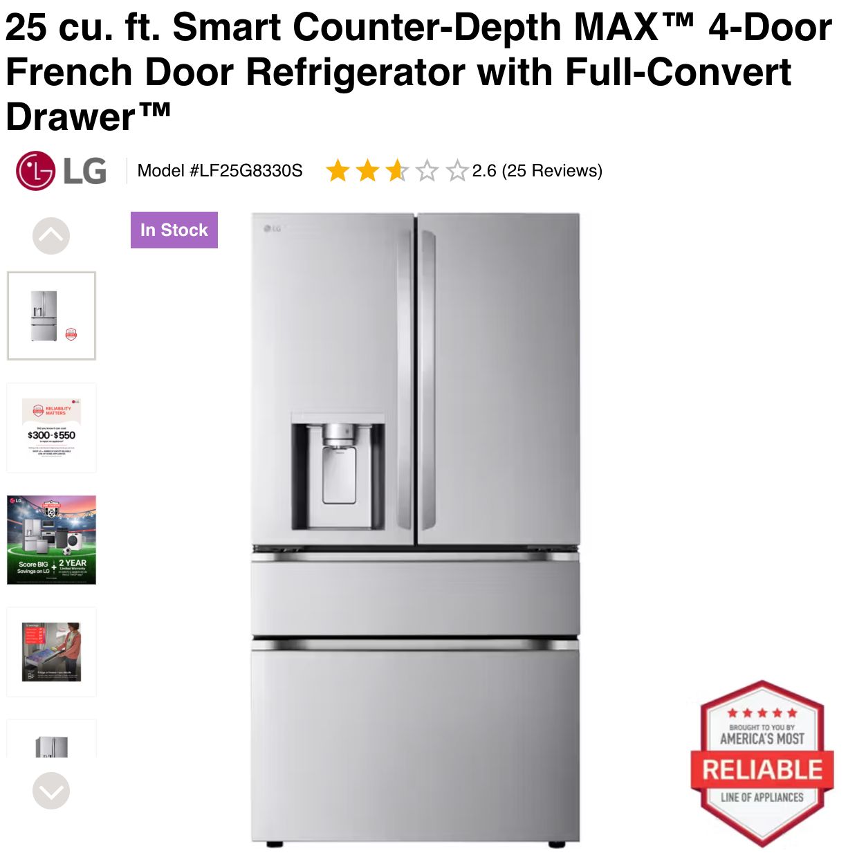 LG LF25G8330S 25 Cu. Ft. Counter-Depth MAX™ 4-Door French Door Smart Refrigerator with Full-Convert Drawer